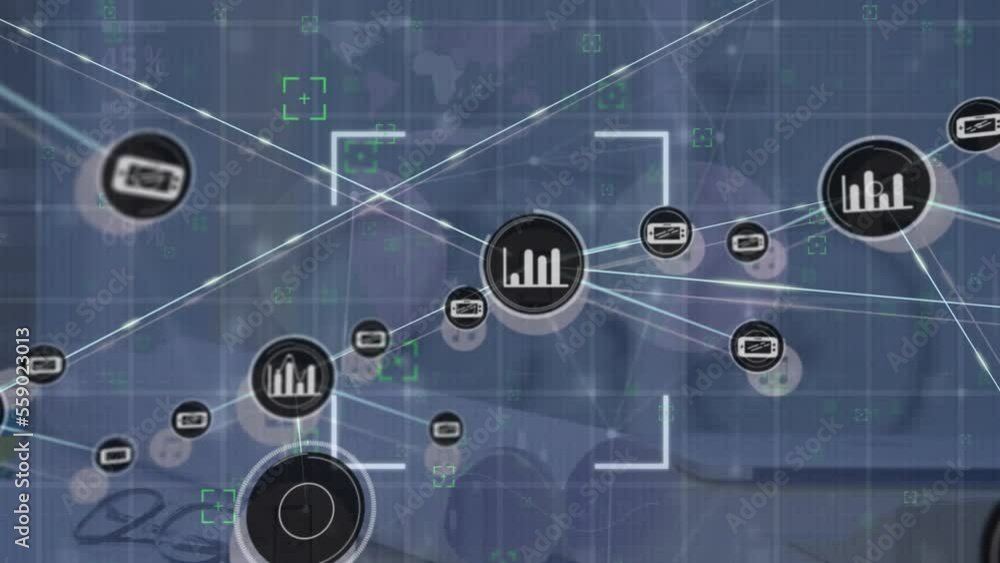 Poster animation of connected icons and dots, viewfinders, infographic interface on abstract background