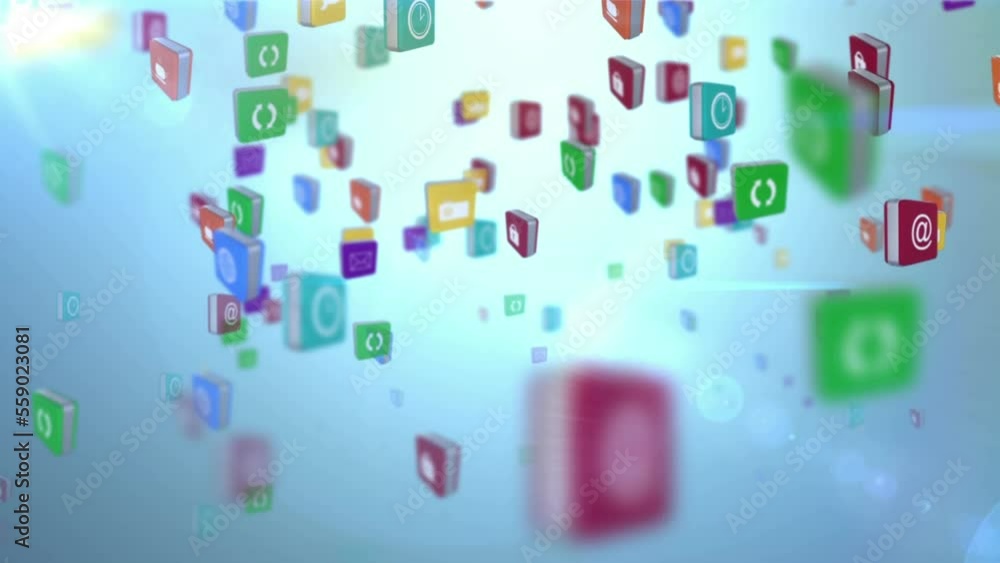 Poster animation of multiple floating icons and lens flare against blue background