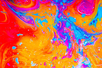 High angle view of vibrant color marbling painting