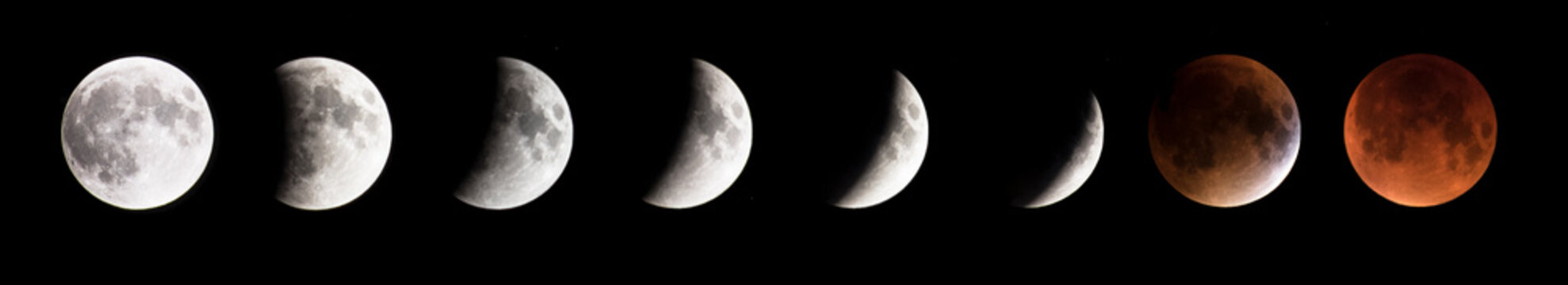 Series of photographs showing progression of Moon phases and Blood Moon eclipse
