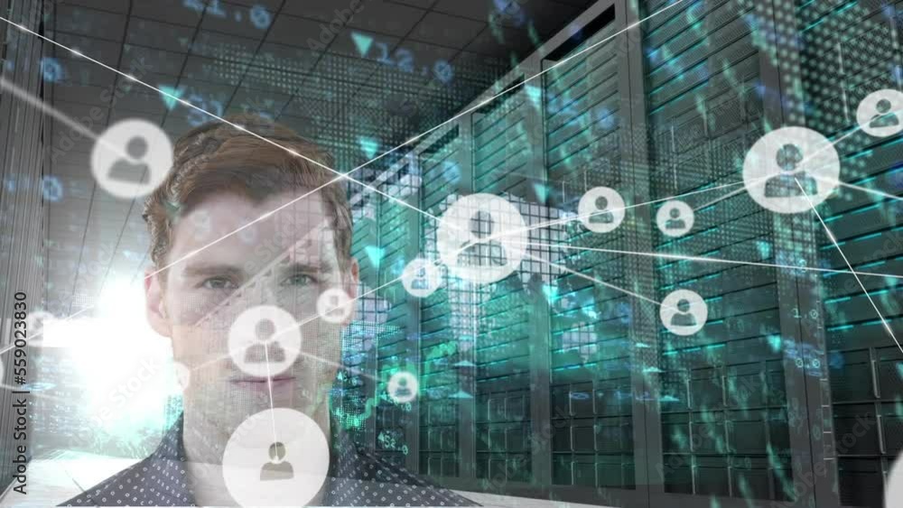 Poster animation of network of connections with icons and caucasian man over server room