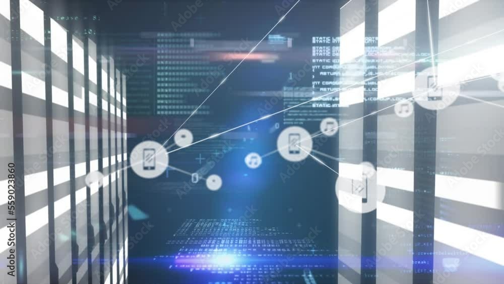 Poster animation of network of connections with icons and data processing over server room