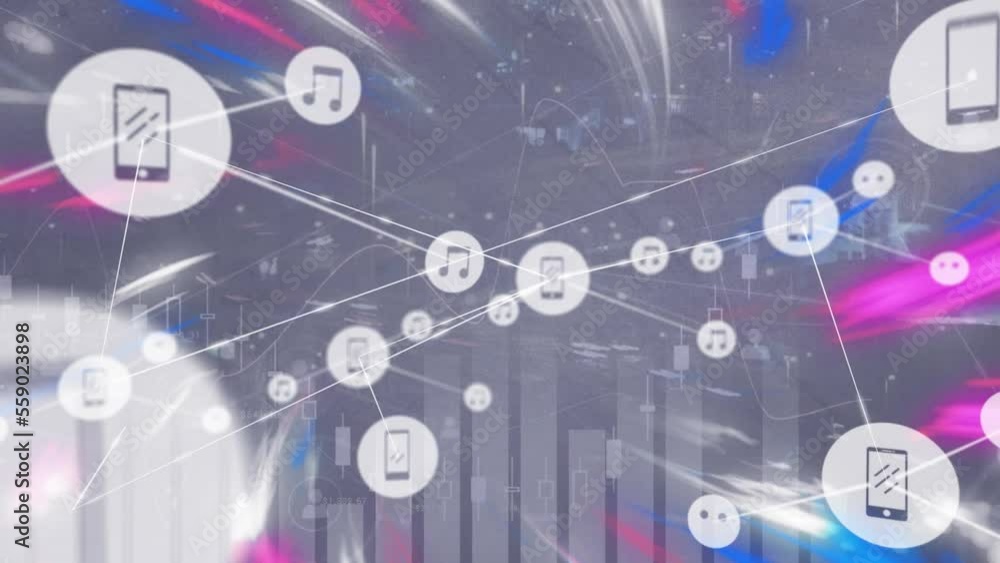 Poster animation of network of connections with icons and data processing over cityscape