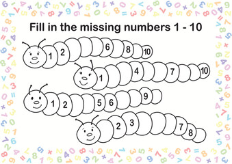 Kindergarten worksheet, fill the missed numbers exercise, vector format, printable