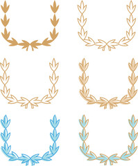 Set of six golden circular laurels, linear and solid. Depicting an award, achievement, heraldry, nobility. Vector illustration.