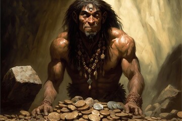 Cave man paying with stone coins, concept of not modern ways of payment, created with Generative AI technology