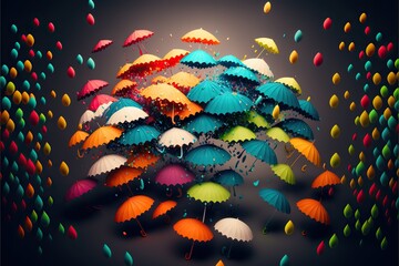 Fototapeta na wymiar Falling raindrops made of umbrellas, concept of the heavy rain, created with Generative AI technology
