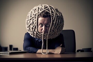 Office worker with head made of ball of rope, concept of depression, burn out, created with Generative AI technology