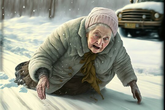 Old woman falls slipping on a slippery snowy road, concept of slippery road, unprotected older people, created with Generative AI technology