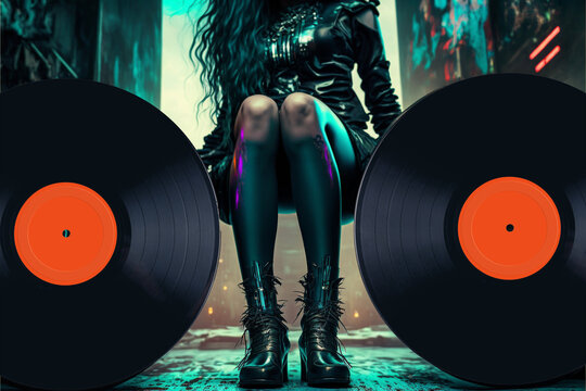 Two vinyl records and attractive female silhouette in background. Club theme. (Generative AI)