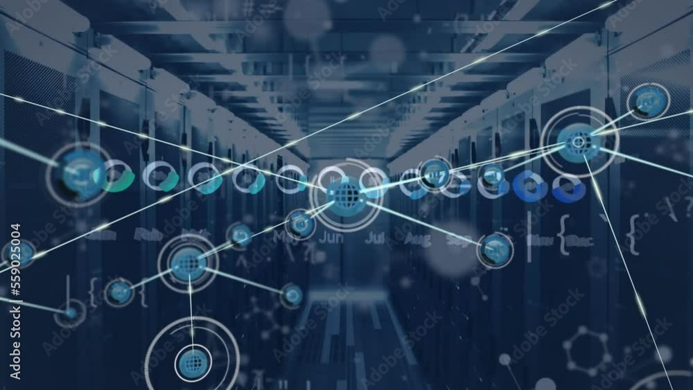 Poster animation of network of connections with icons and data processing over server room