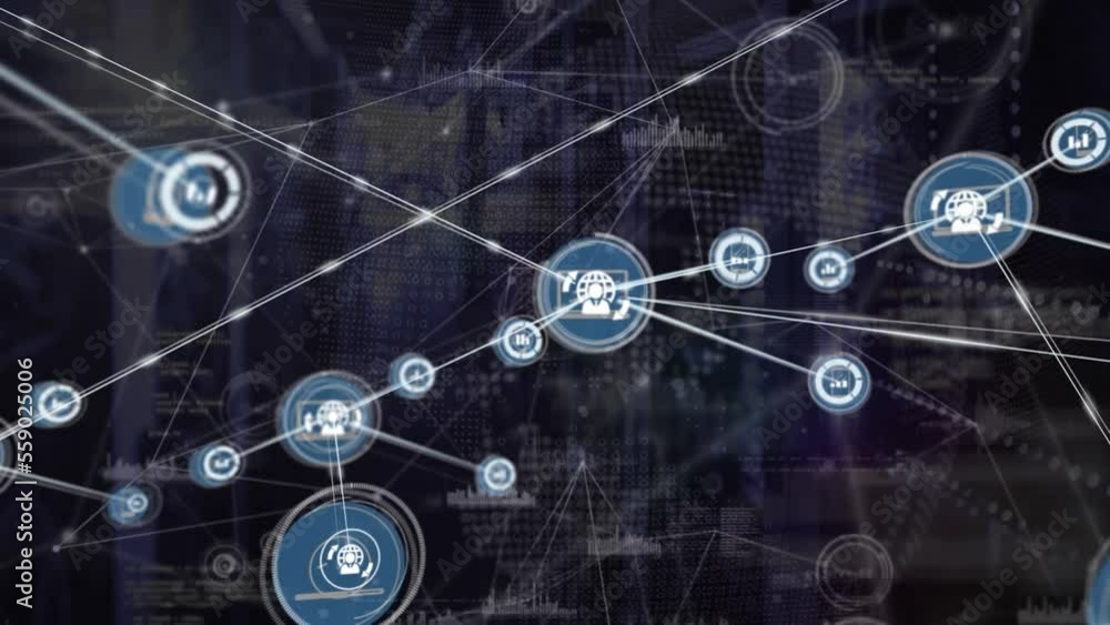 Poster animation of network of connections with icons and data processing over server room