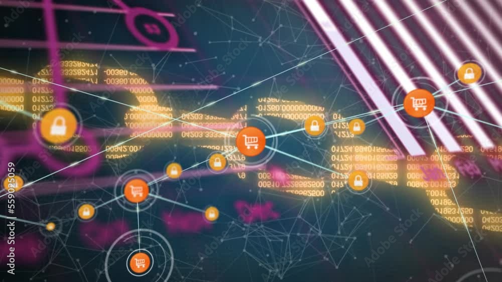 Poster Animation of network of connections with icons and data processing over black background