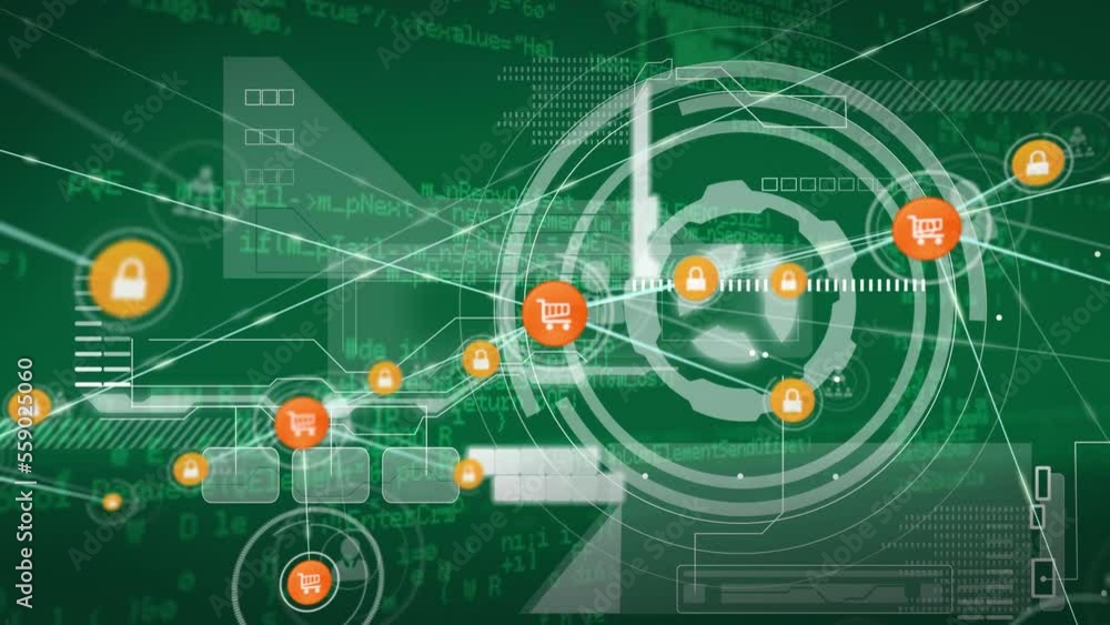 Sticker Animation of network of connections with icons and data processing over green background