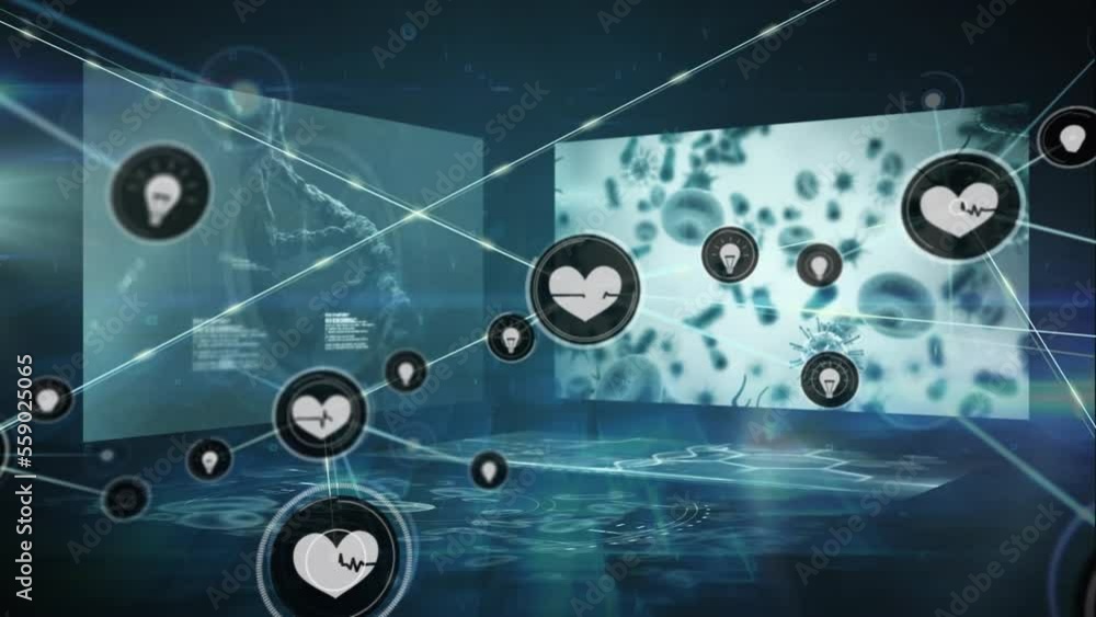 Poster animation of network of connections with icons and data processing over black background