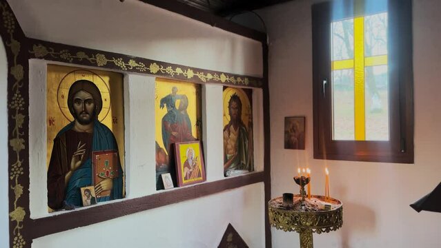  Abandoned Orthodox Chapel Interior, Holy Icons And Candles Burning 