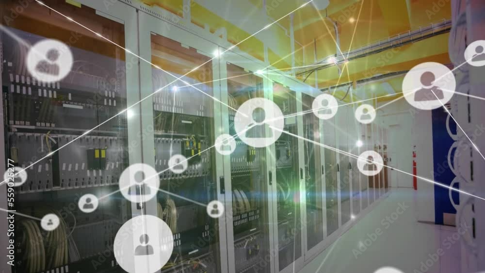 Poster animation of network of connections with icons over server room