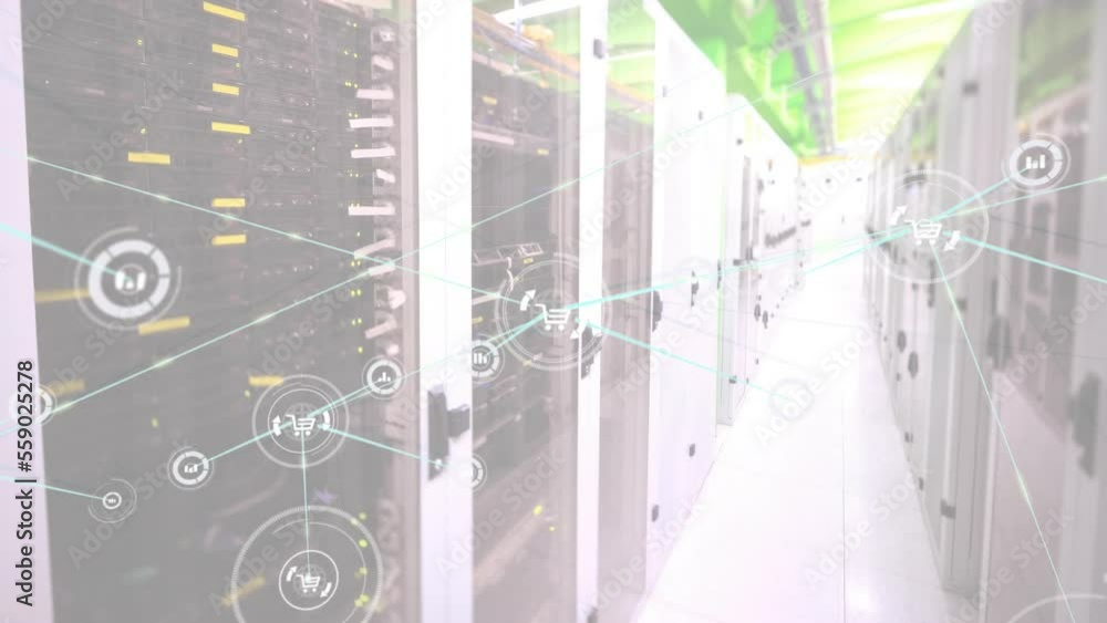 Poster animation of network of connections with icons over server room
