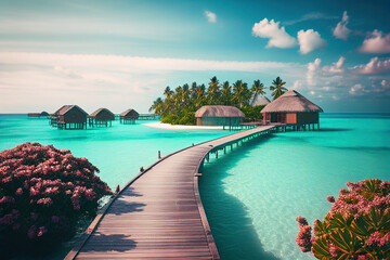 pier and bungalows with turquoise water at summer in maldives island. Vacation concept. generative ai - obrazy, fototapety, plakaty