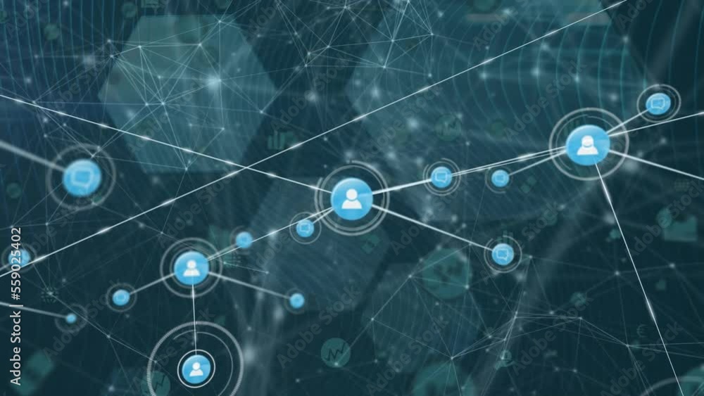 Poster animation of network of connections with icons on black background