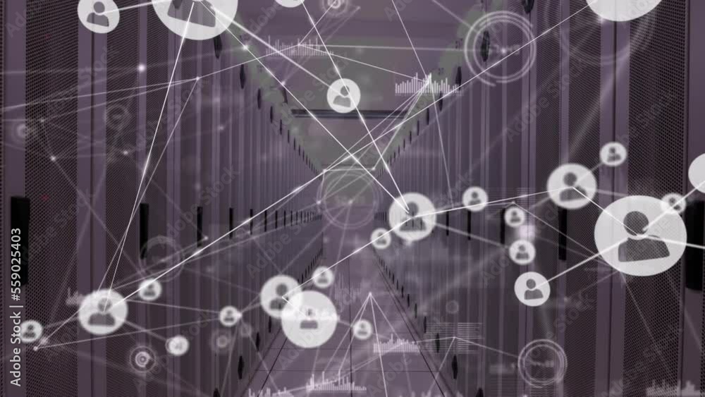 Poster animation of network of connections with icons and data processing over server room
