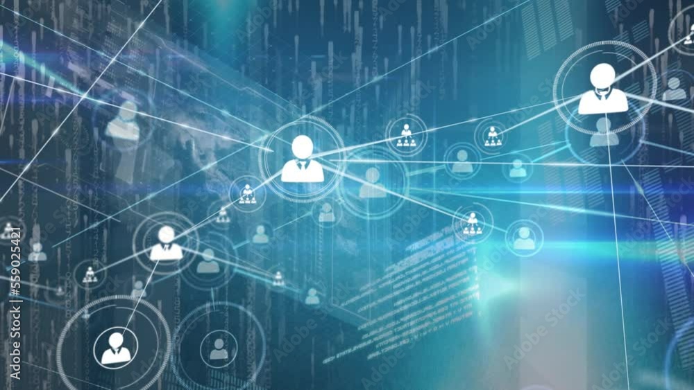 Poster animation of network of connections with icons and data processing on black background
