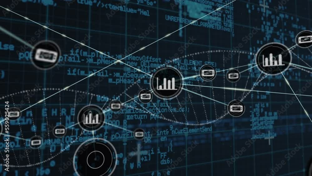 Poster animation of network of connections with icons and data processing on black background
