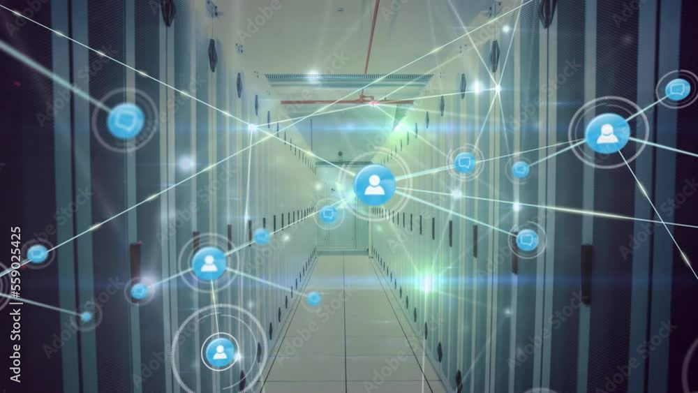 Poster animation of network of connections with icons over server room
