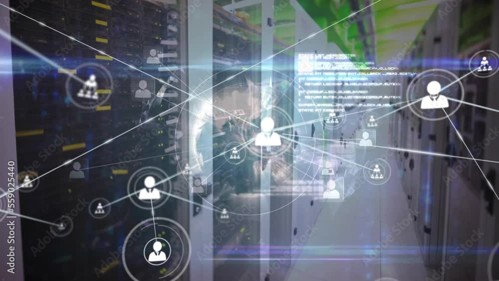 Poster animation of network of connections with icons and data processing over server room
