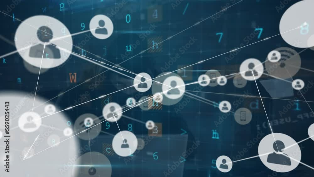 Poster animation of network of connections with icons and data processing over hacker