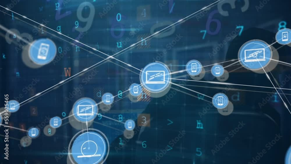 Poster animation of network of connections with icons and data processing over server room and hacker