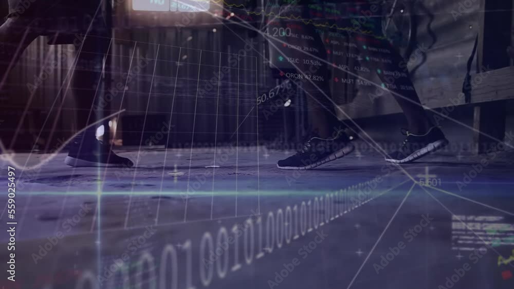 Poster animation of financial data processing over diverse people exercising