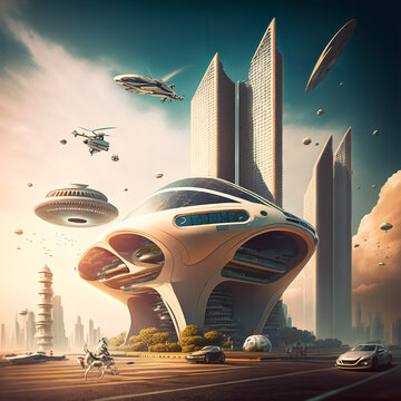 Spaceship flying over the city - Image create by IA