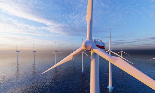 Ocean Wind Farm. Windmill farm in the ocean. Offshore wind turbines in the sea. Wind turbine from aerial view, 3d rendering.

