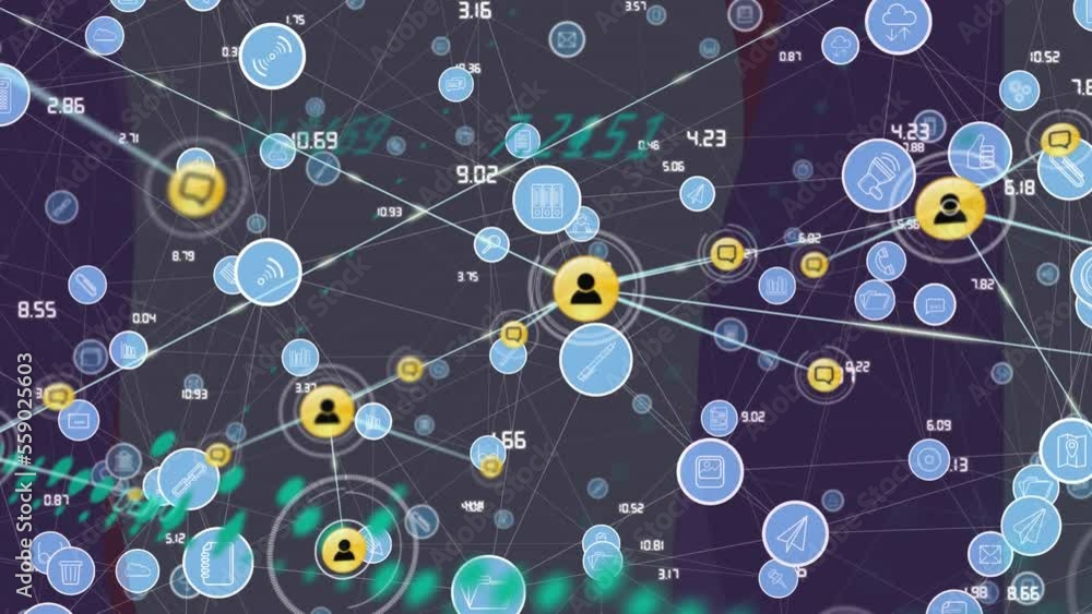 Poster animation of network of connections with icons and data processing over computer servers
