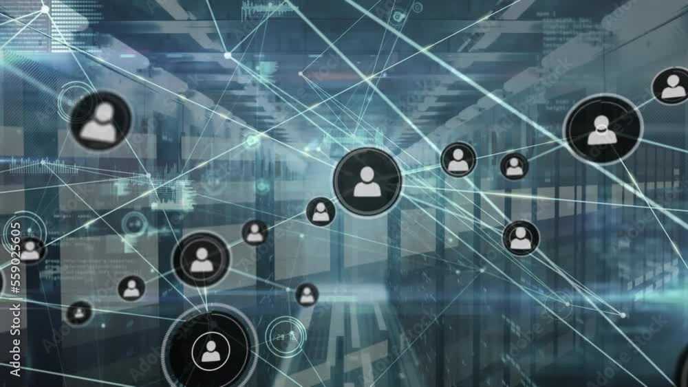 Poster animation of network of connections with icons and data processing over computer servers