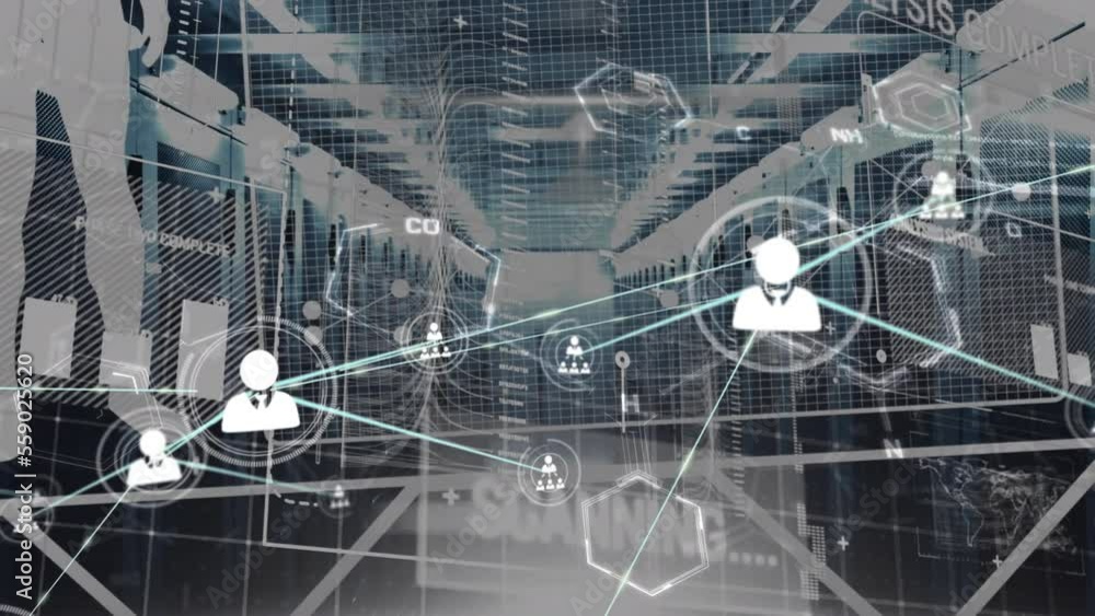 Aufkleber animation of network of connections with icons and data processing over computer servers