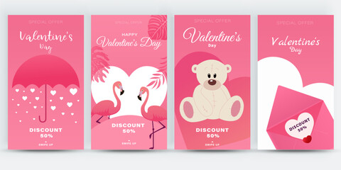 Set of Valentine's Day celebration social media stories templates. Love banners with cute romantic design elements. Ideal for web, event invitation, discount voucher, advertising. Vector