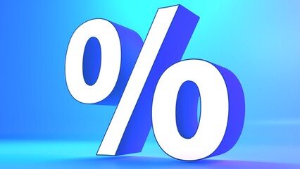Percent icon 3d white blue background, 3d rendering.