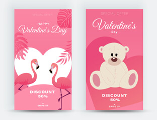 Social media splash screen layout for Valentine's Day celebration. Banners with romantic design. Ideal for wedding, event invitation, discount voucher, promo. Vector