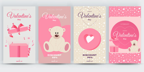 Set of Valentine's Day celebration social media stories templates. Love banners with cute romantic design elements. Ideal for web, event invitation, discount voucher, advertising. Vector