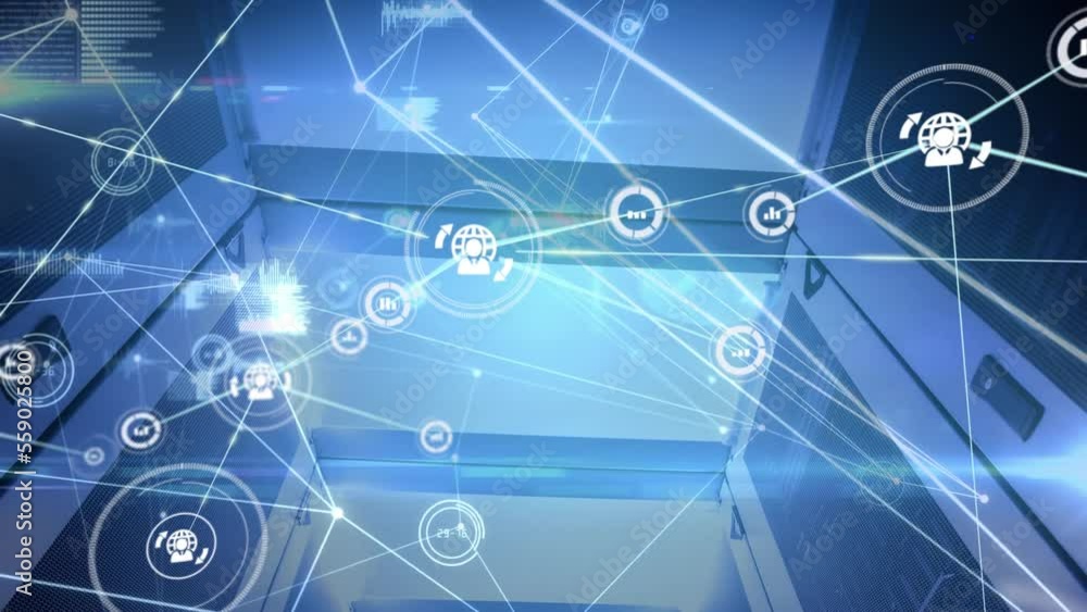 Poster animation of network of connections with icons and data processing over computer server