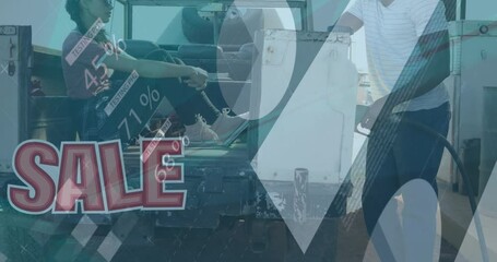 Animation of sale text, infographic interface, diverse couple filling fuel in truck at gas station - Powered by Adobe