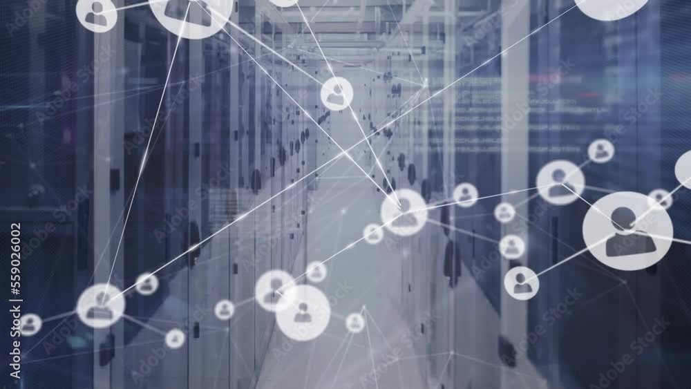 Poster animation of connected dots and icons over lens flares, programming language against server room