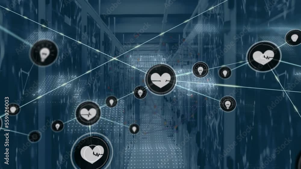 Poster animation of connected icons, dots forming shapes, binary codes against server room