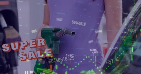 Animation of super sale text and data processing over caucasian woman fueling car at gas station - Powered by Adobe