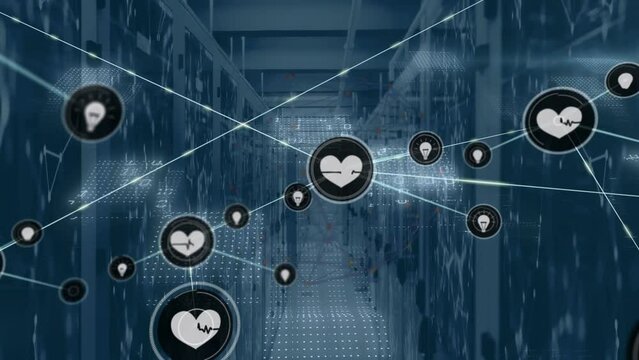 Animation of connected icons, dots forming shapes, binary codes against server room