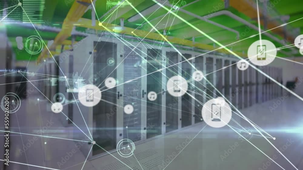 Poster animation of network of connections and data processing over computer servers