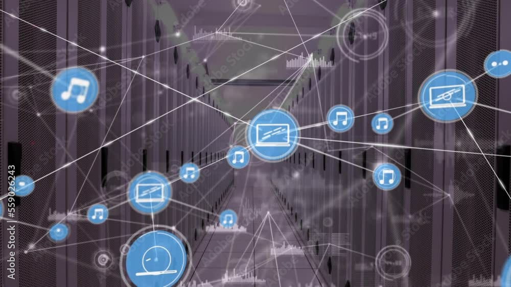 Poster animation of network of connections and data processing over computer servers
