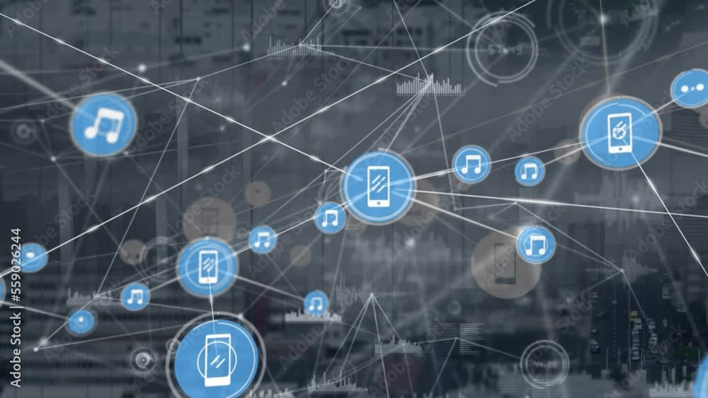 Poster animation of network of connections and data processing over computer servers